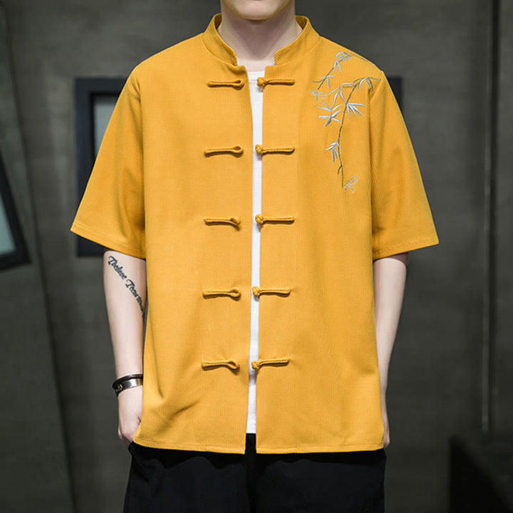 Buddha Stones Frog-Button Leaf Dragonfly Embroidery Men's Short Sleeve Shirt - Gold - US/UK/AU46，EU56 (5XL)  - image 7