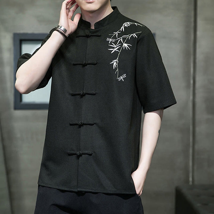 Buddha Stones Frog-Button Leaf Dragonfly Embroidery Men's Short Sleeve Shirt - image 18
