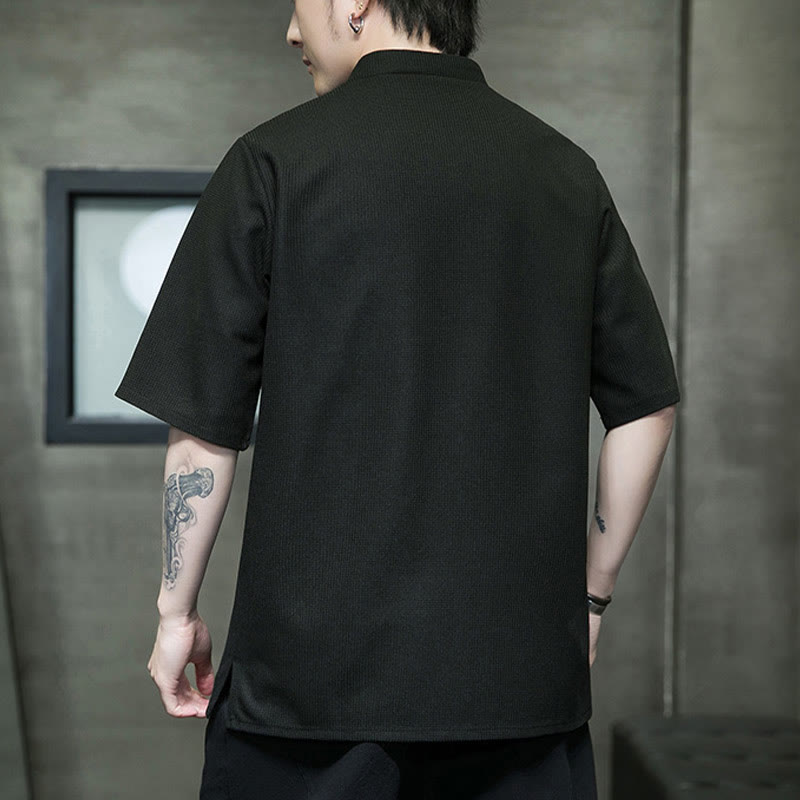Buddha Stones Frog-Button Leaf Dragonfly Embroidery Men's Short Sleeve Shirt - image 17