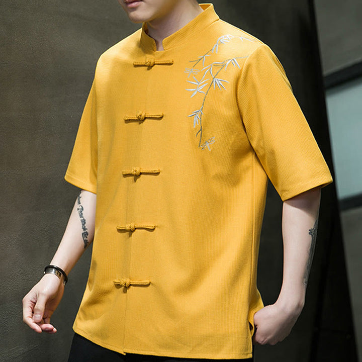 Buddha Stones Frog-Button Leaf Dragonfly Embroidery Men's Short Sleeve Shirt