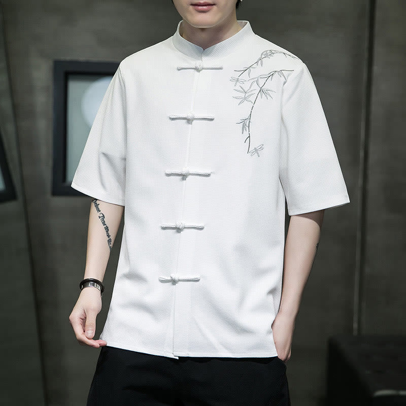 Buddha Stones Frog-Button Leaf Dragonfly Embroidery Men's Short Sleeve Shirt - image 5