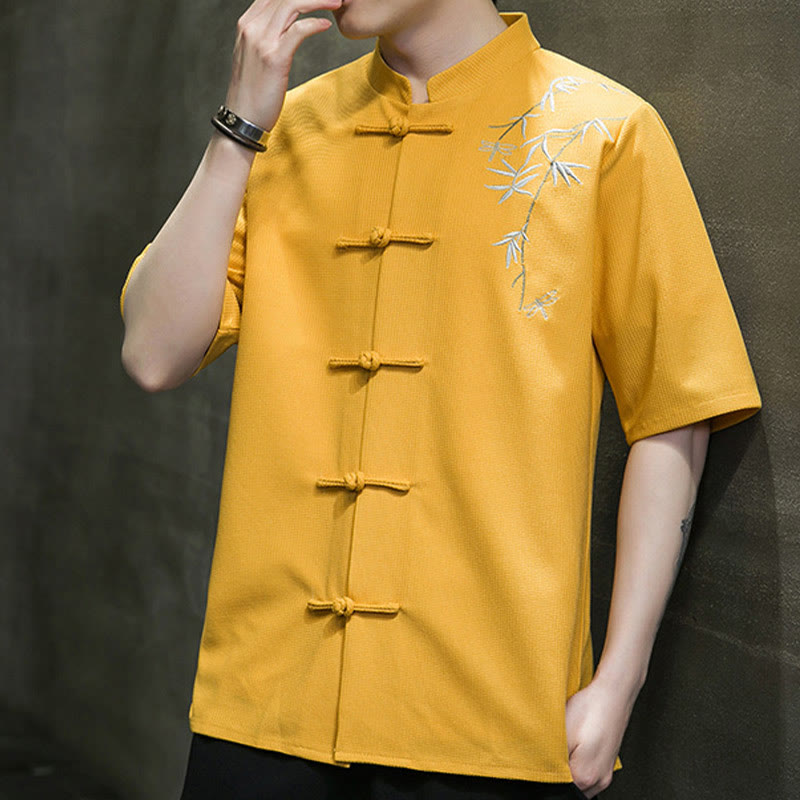 Buddha Stones Frog-Button Leaf Dragonfly Embroidery Men's Short Sleeve Shirt - image 10