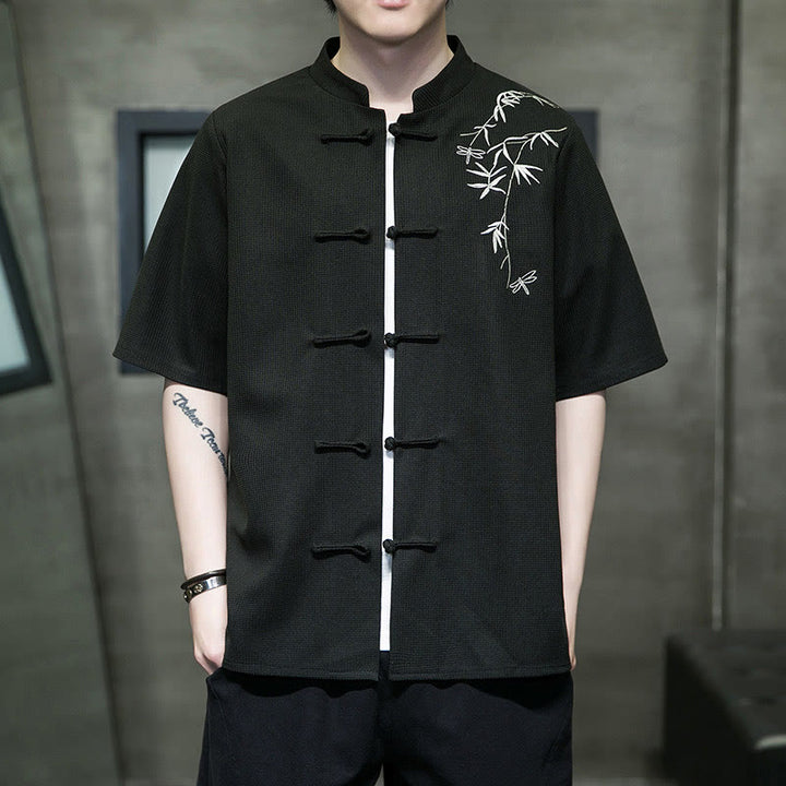 Buddha Stones Frog-Button Leaf Dragonfly Embroidery Men's Short Sleeve Shirt - Black - US/UK/AU46，EU56 (5XL)  - image 15