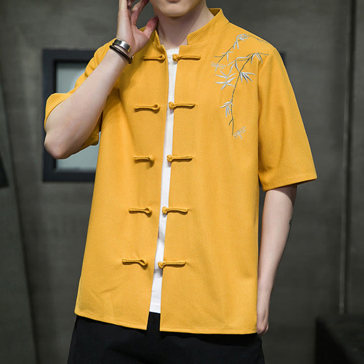Buddha Stones Frog-Button Leaf Dragonfly Embroidery Men's Short Sleeve Shirt - image 13