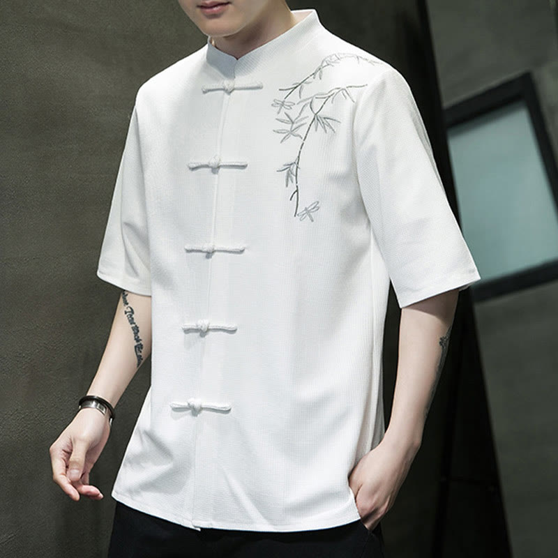 Buddha Stones Frog-Button Leaf Dragonfly Embroidery Men's Short Sleeve Shirt - image 2