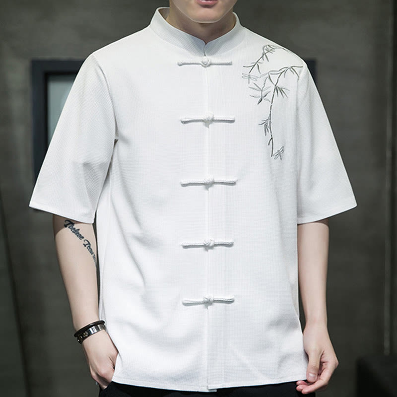 Buddha Stones Frog-Button Leaf Dragonfly Embroidery Men's Short Sleeve Shirt - image 2
