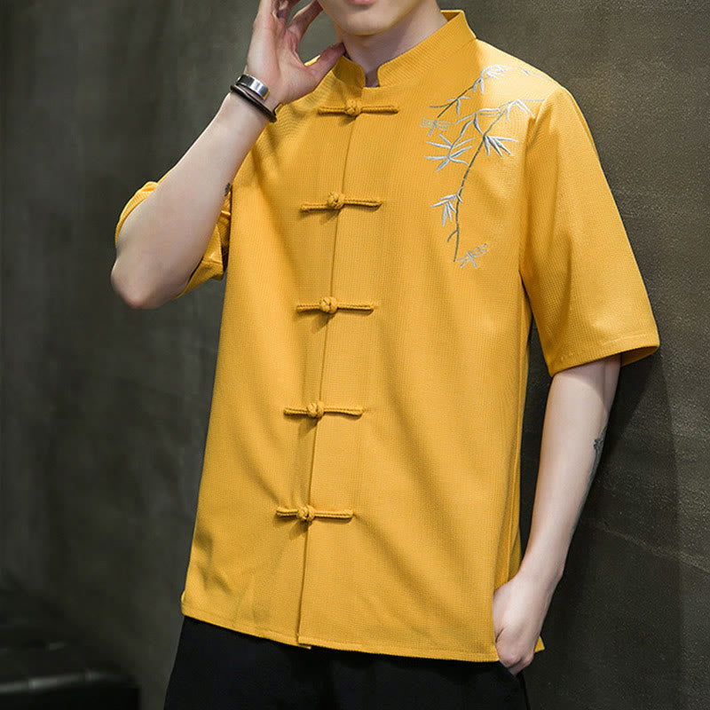 Buddha Stones Frog-Button Leaf Dragonfly Embroidery Men's Short Sleeve Shirt - image 14