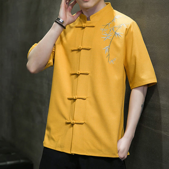 Buddha Stones Frog-Button Leaf Dragonfly Embroidery Men's Short Sleeve Shirt - image 14