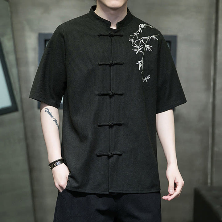 Buddha Stones Frog-Button Leaf Dragonfly Embroidery Men's Short Sleeve Shirt - image 15