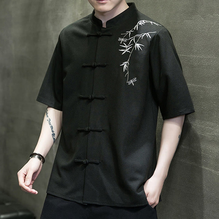 Buddha Stones Frog-Button Leaf Dragonfly Embroidery Men's Short Sleeve Shirt