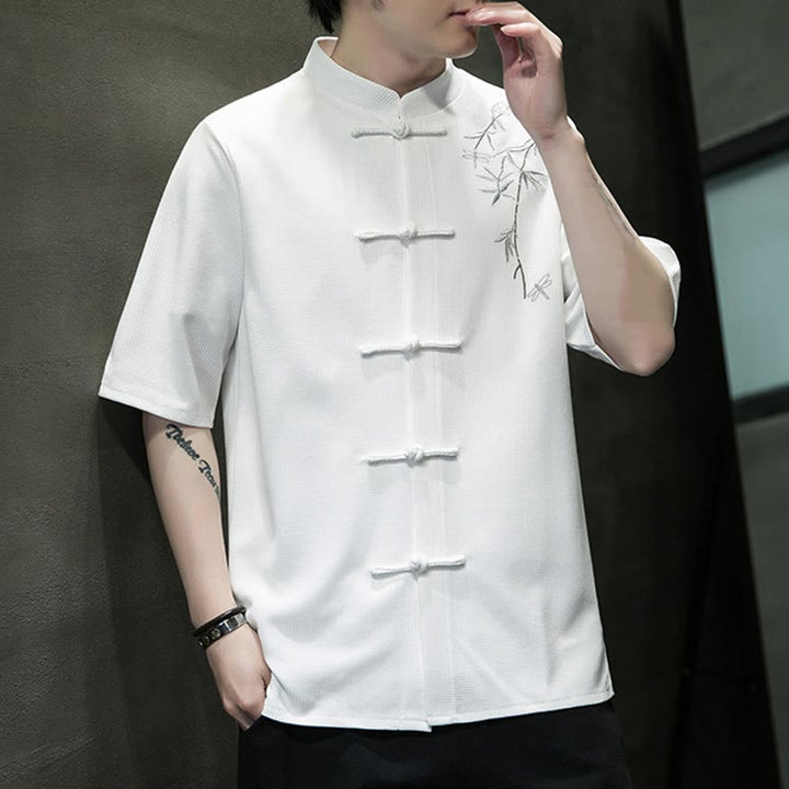 Buddha Stones Frog-Button Leaf Dragonfly Embroidery Men's Short Sleeve Shirt - image 4