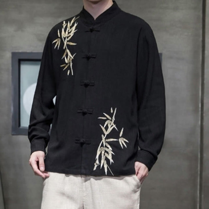 Buddha Stones Chinese Frog-Button Tang Suit Bamboo Leaves Long Sleeve Shirt Cotton Linen Men's Jacket - image 8