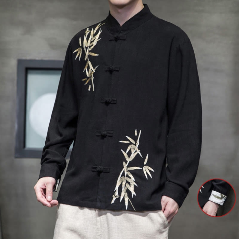 Buddha Stones Chinese Frog-Button Tang Suit Bamboo Leaves Long Sleeve Shirt Cotton Linen Men's Jacket - image 9
