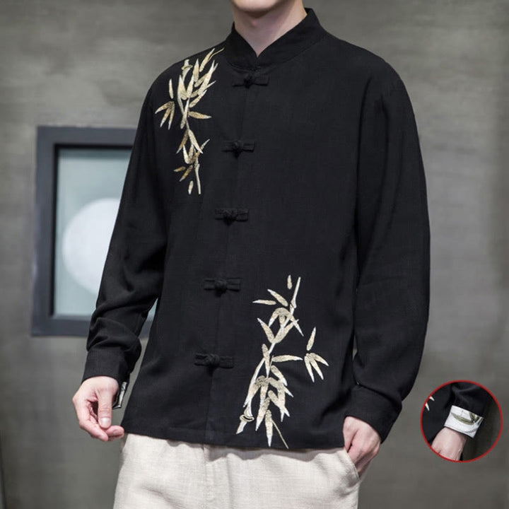 Buddha Stones Chinese Frog-Button Tang Suit Bamboo Leaves Long Sleeve Shirt Cotton Linen Men's Jacket - image 9