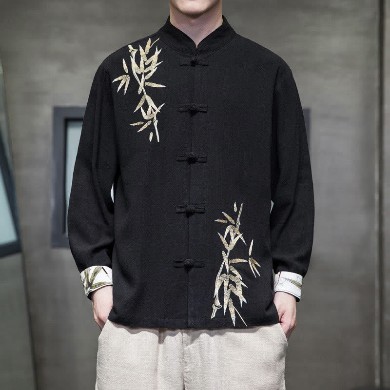 Buddha Stones Chinese Frog-Button Tang Suit Bamboo Leaves Long Sleeve Shirt Cotton Linen Men's Jacket - Black - US/UK/AU46，EU56 (5XL)  - image 7