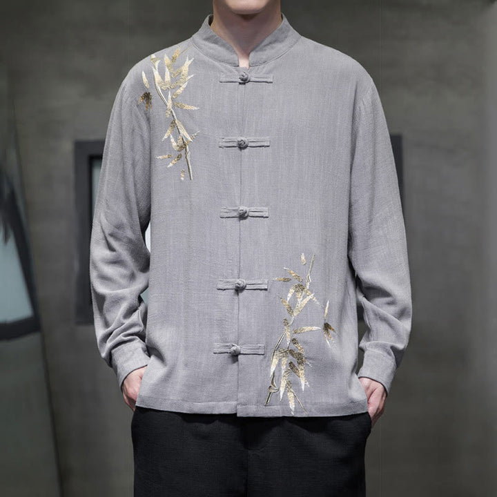 Buddha Stones Chinese Frog-Button Tang Suit Bamboo Leaves Long Sleeve Shirt Cotton Linen Men's Jacket - LightGrey - US/UK/AU46，EU56 (5XL)  - image 12