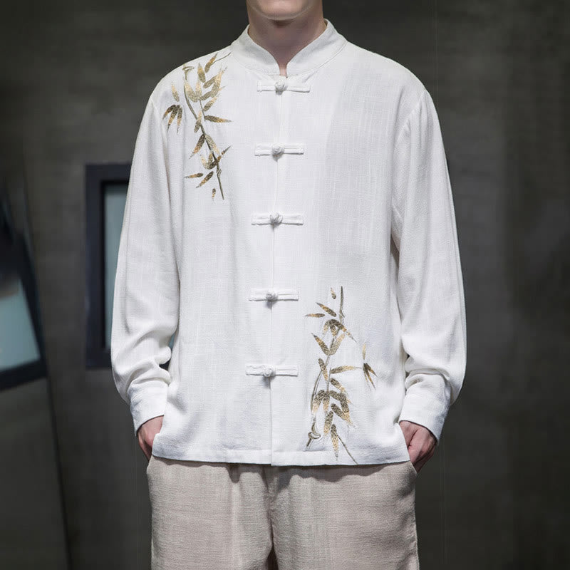 Buddha Stones Chinese Frog-Button Tang Suit Bamboo Leaves Long Sleeve Shirt Cotton Linen Men's Jacket - White - US/UK/AU46，EU56 (5XL)  - image 1