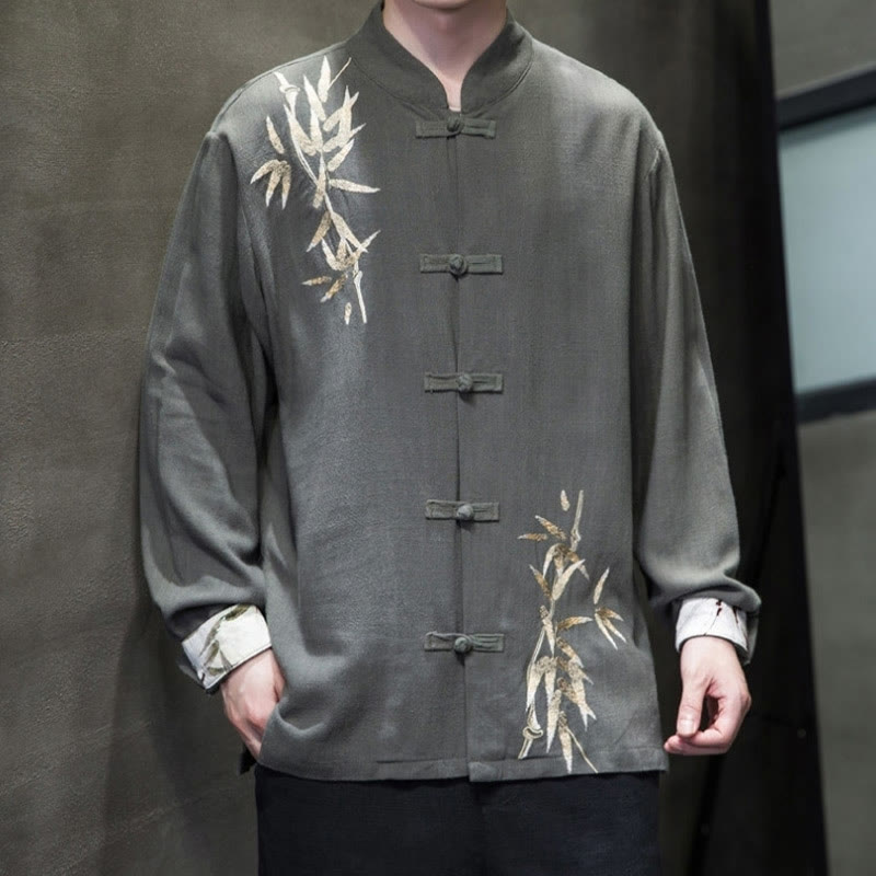 Buddha Stones Chinese Frog-Button Tang Suit Bamboo Leaves Long Sleeve Shirt Cotton Linen Men's Jacket - image 11