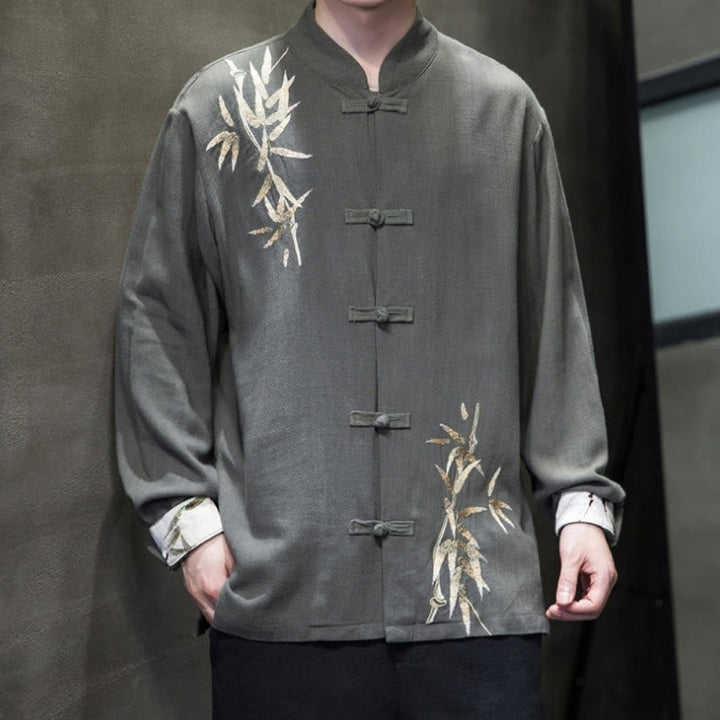 Buddha Stones Chinese Frog-Button Tang Suit Bamboo Leaves Long Sleeve Shirt Cotton Linen Men's Jacket - image 11