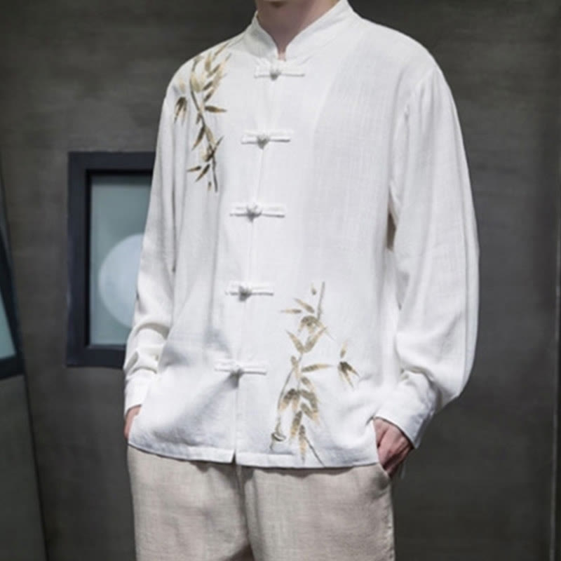 Buddha Stones Chinese Frog-Button Tang Suit Bamboo Leaves Long Sleeve Shirt Cotton Linen Men's Jacket - image 2