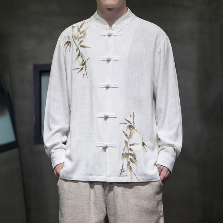Buddha Stones Chinese Frog-Button Tang Suit Bamboo Leaves Long Sleeve Shirt Cotton Linen Men's Jacket - White - US/UK/AU46，EU56 (5XL)  - image 0