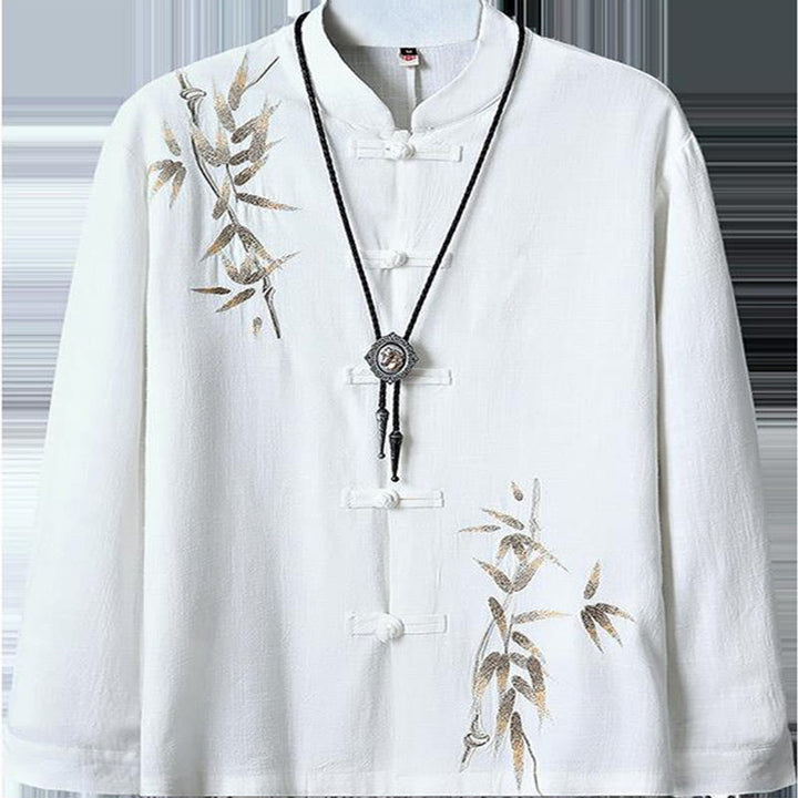 Buddha Stones Chinese Frog-Button Tang Suit Bamboo Leaves Long Sleeve Shirt Cotton Linen Men's Jacket - image 3
