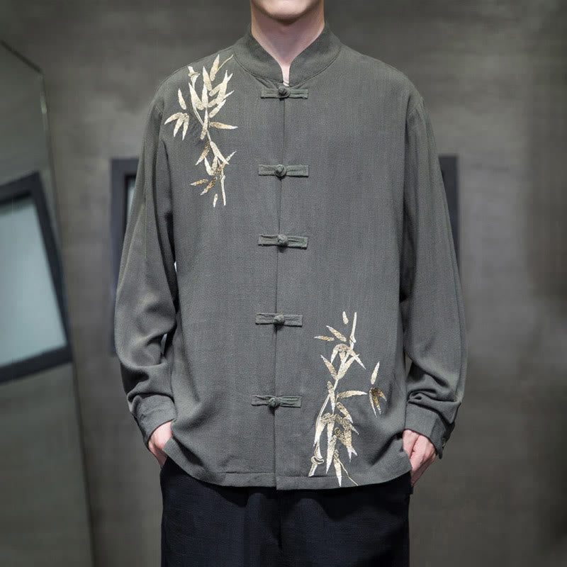 Buddha Stones Chinese Frog-Button Tang Suit Bamboo Leaves Long Sleeve Shirt Cotton Linen Men's Jacket - DarkSeaGreen - US/UK/AU46，EU56 (5XL)  - image 10