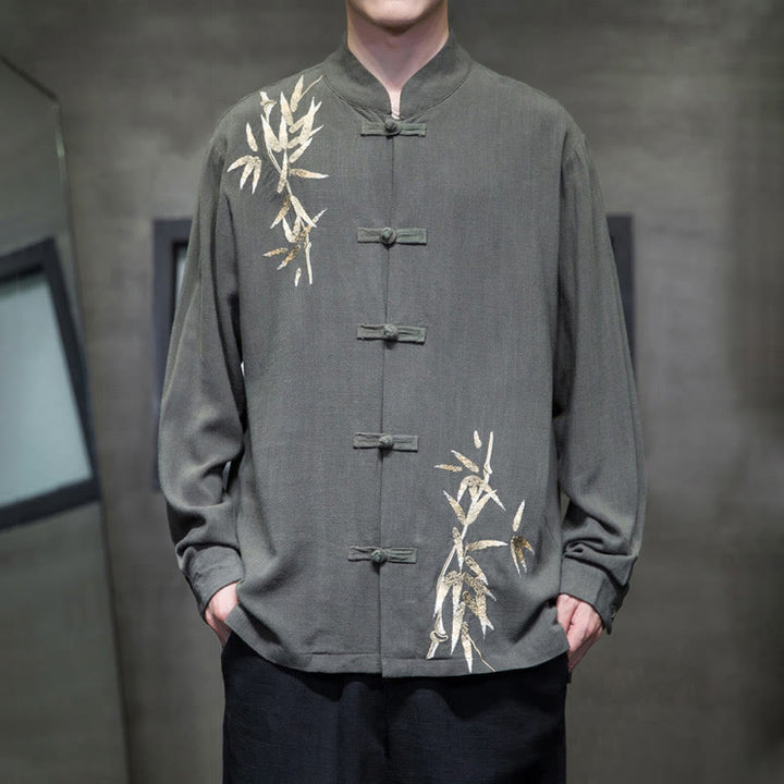 Buddha Stones Chinese Frog-Button Tang Suit Bamboo Leaves Long Sleeve Shirt Cotton Linen Men's Jacket - DarkSeaGreen - US/UK/AU46，EU56 (5XL)  - image 10