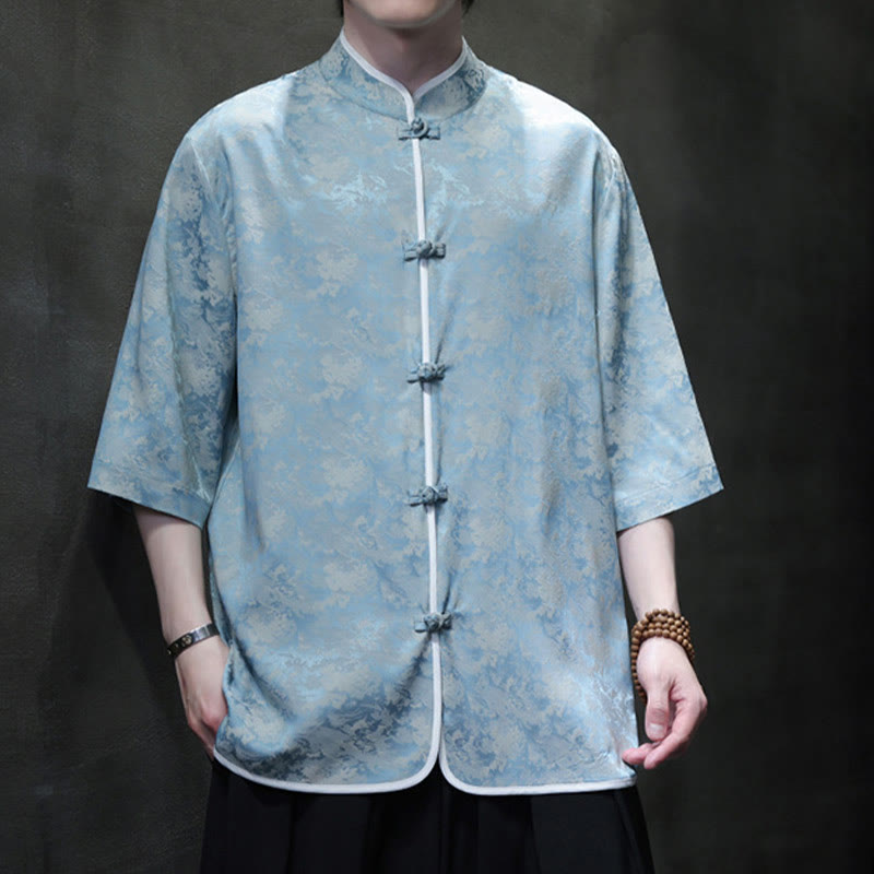 Buddha Stones Chinese Tang Suit Frog-Button Print Men's Half Sleeve Shirt