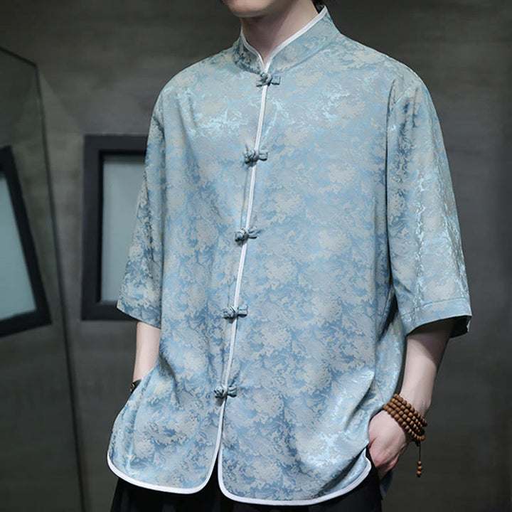 Buddha Stones Chinese Tang Suit Frog-Button Print Men's Half Sleeve Shirt - image 5