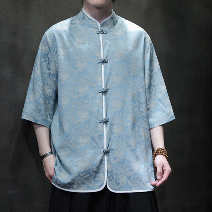 Buddha Stones Chinese Tang Suit Frog-Button Print Men's Half Sleeve Shirt - image 2