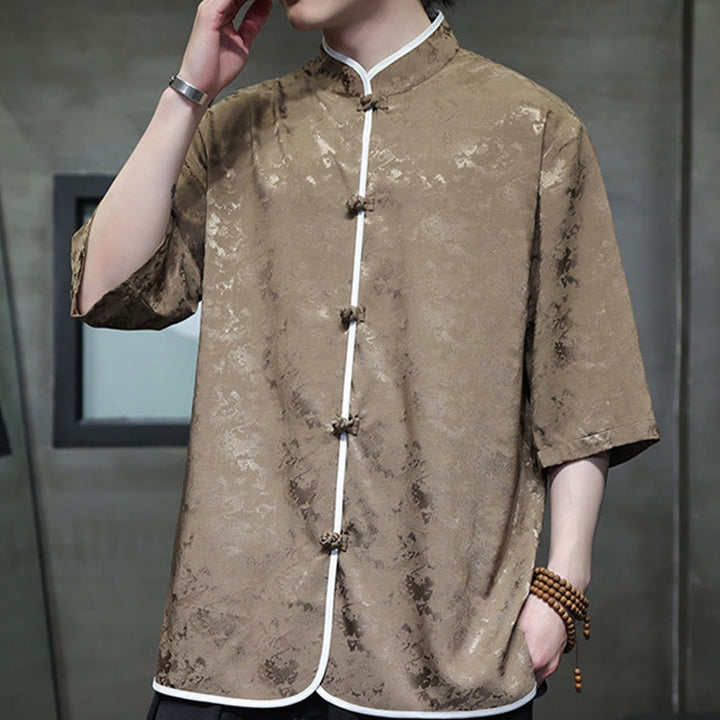 Buddha Stones Chinese Tang Suit Frog-Button Print Men's Half Sleeve Shirt