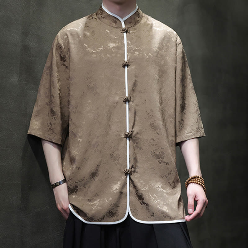 Buddha Stones Chinese Tang Suit Frog-Button Print Men's Half Sleeve Shirt - DarkKhaki - US/UK/AU46，EU56 (5XL)  - image 8