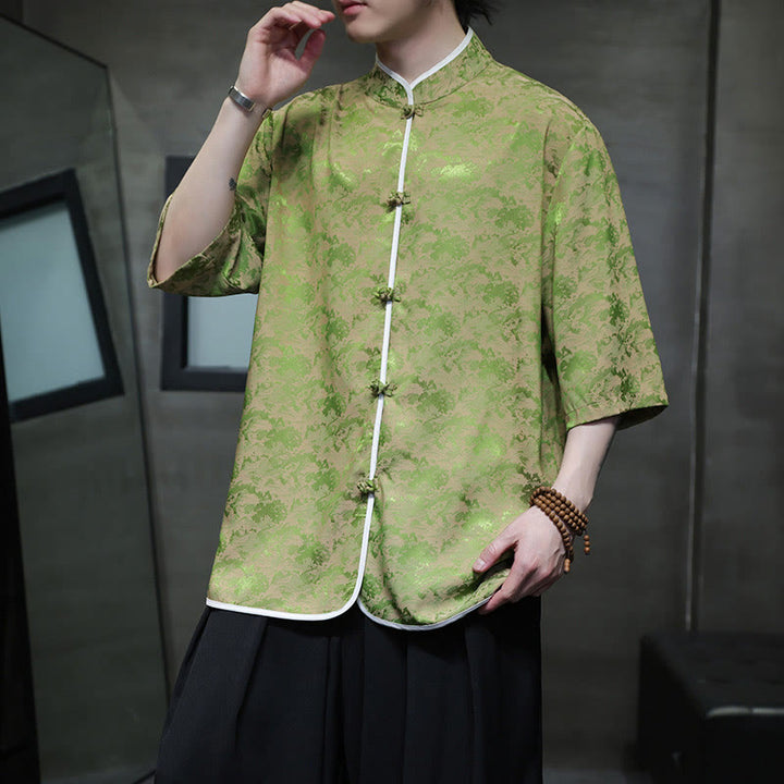 Buddha Stones Chinese Tang Suit Frog-Button Print Men's Half Sleeve Shirt - image 25