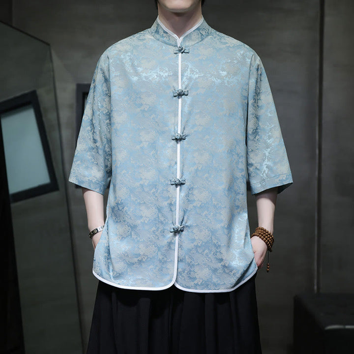 Buddha Stones Chinese Tang Suit Frog-Button Print Men's Half Sleeve Shirt - image 4