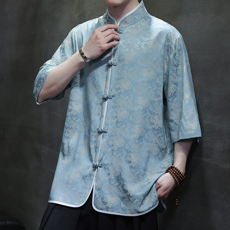 Buddha Stones Chinese Tang Suit Frog-Button Print Men's Half Sleeve Shirt