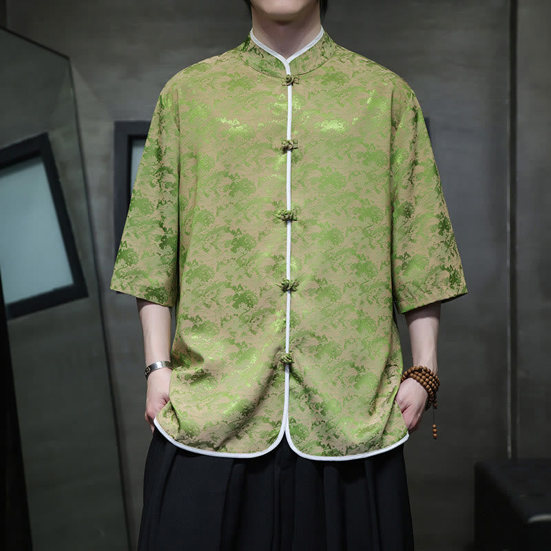 Buddha Stones Chinese Tang Suit Frog-Button Print Men's Half Sleeve Shirt - image 22