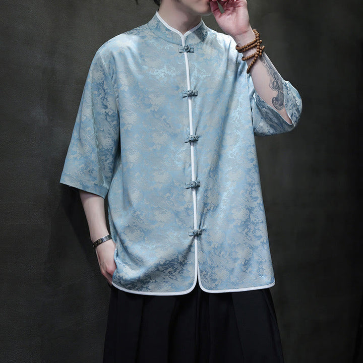 Buddha Stones Chinese Tang Suit Frog-Button Print Men's Half Sleeve Shirt - LightBlue - US/UK/AU46，EU56 (5XL)  - image 1