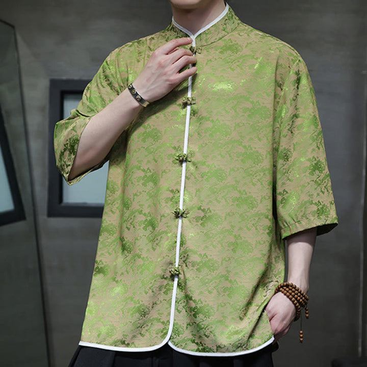 Buddha Stones Chinese Tang Suit Frog-Button Print Men's Half Sleeve Shirt - image 24
