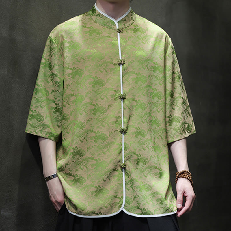 Buddha Stones Chinese Tang Suit Frog-Button Print Men's Half Sleeve Shirt