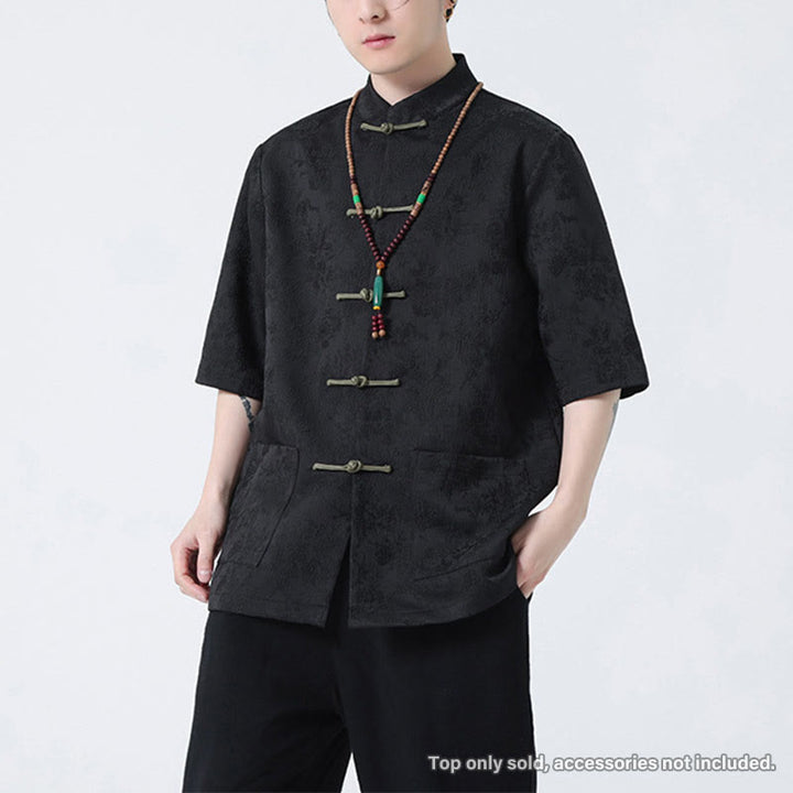 Buddha Stones Chinese Tang Suit Frog-Button Jacquard Print Men's Half Sleeve Shirt With Pockets