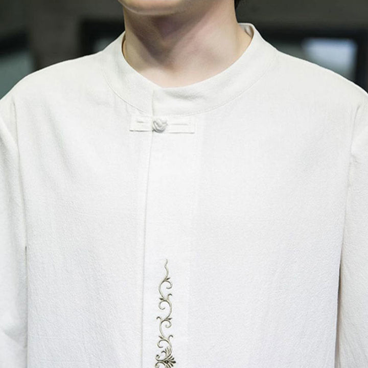 Buddha Stones Plain Color Frog-Button Embroidery Men's Half Sleeve Cotton Shirt - image 23