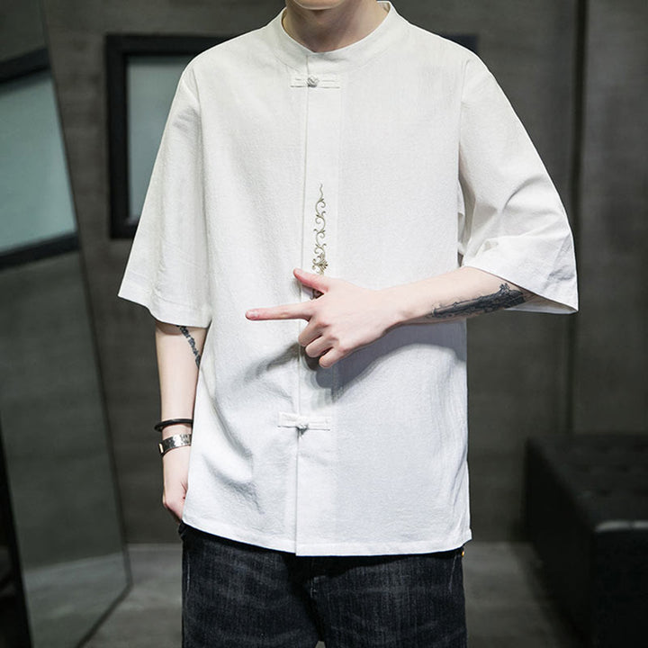 Buddha Stones Plain Color Frog-Button Embroidery Men's Half Sleeve Cotton Shirt - image 26