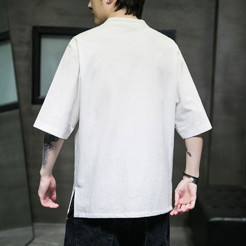Buddha Stones Plain Color Frog-Button Embroidery Men's Half Sleeve Cotton Shirt - image 19