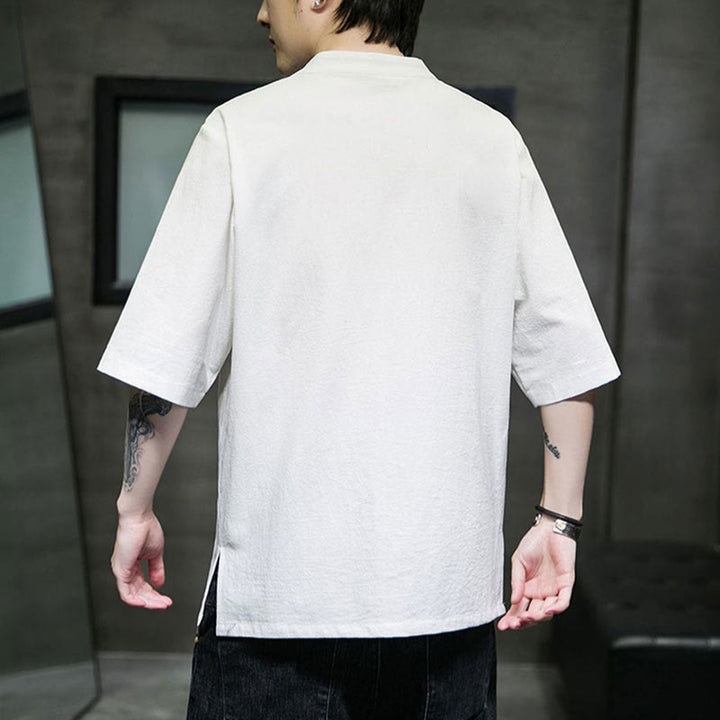 Buddha Stones Plain Color Frog-Button Embroidery Men's Half Sleeve Cotton Shirt - image 19