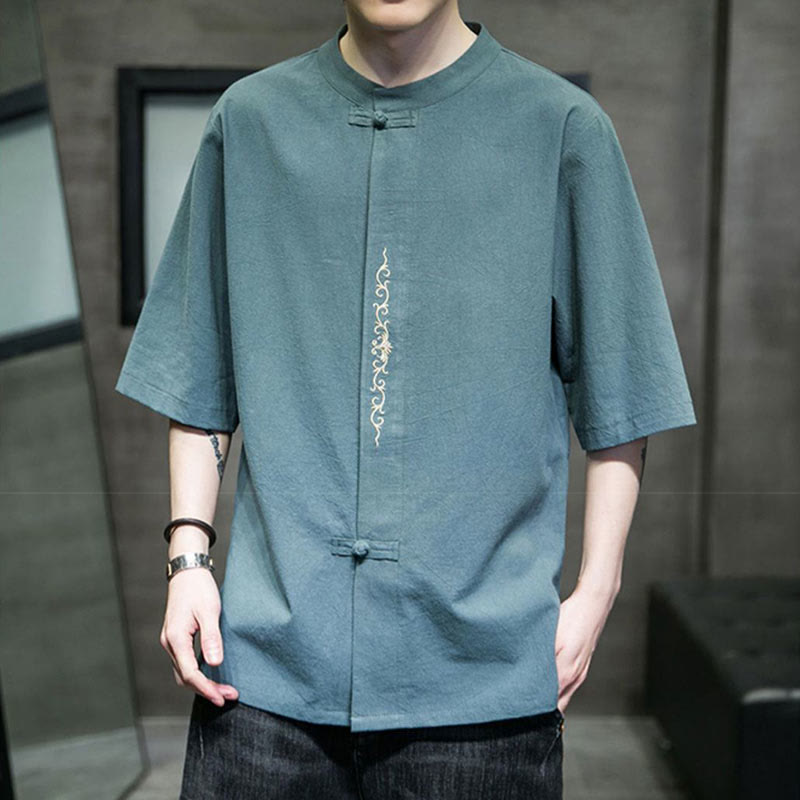 Buddha Stones Plain Color Frog-Button Embroidery Men's Half Sleeve Cotton Shirt - image 7