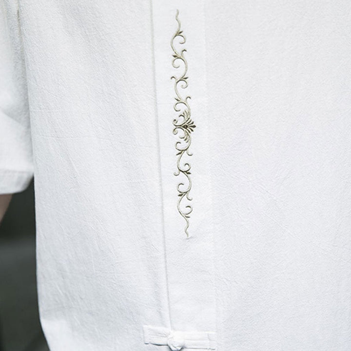Buddha Stones Plain Color Frog-Button Embroidery Men's Half Sleeve Cotton Shirt - image 25