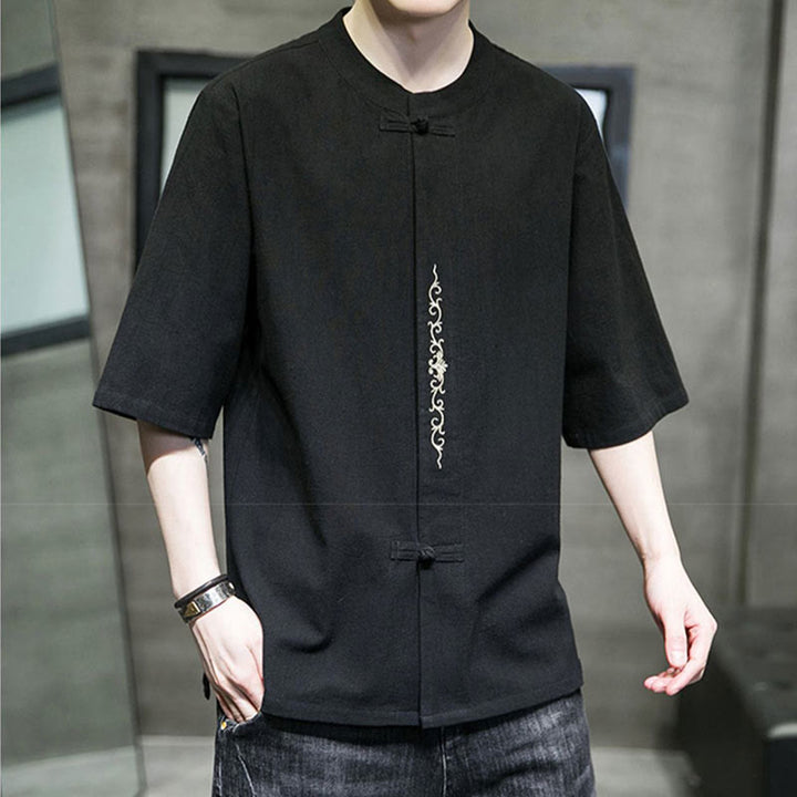 Buddha Stones Plain Color Frog-Button Embroidery Men's Half Sleeve Cotton Shirt - image 16