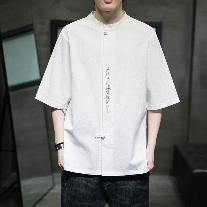 Buddha Stones Plain Color Frog-Button Embroidery Men's Half Sleeve Cotton Shirt - White - US/UK/AU46，EU56 (5XL) - image 18