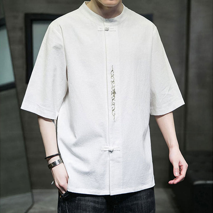 Buddha Stones Plain Color Frog-Button Embroidery Men's Half Sleeve Cotton Shirt - image 20